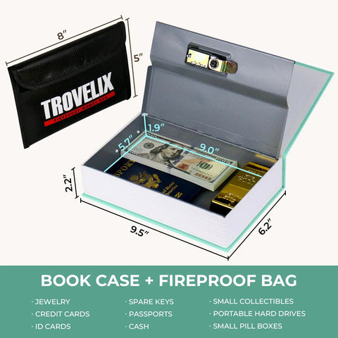 Book Safe With Combination Lock Hidden Safe 9.5 Inch By 6.2 Inch By 2.2 Inch Hollow Book Box With Fireproof Bag showing open interior.