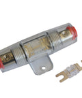 Tight Seal Badass In Line Mini ANL Fuse Holder Fits 4 6 8 Gauge AWG Wire With 80 Amp Afs Fuse Pack with clear housing and zinc bracket.