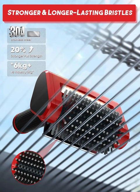 Red Beast 800 RPM Cordless Grill Scrubber showing 304 stainless steel bristles on gas grate.