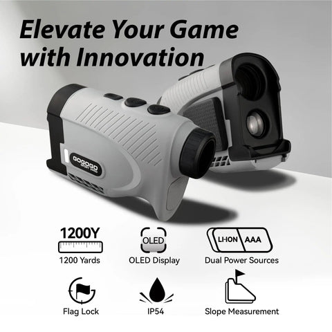 Gen 2 Golf Laser Rangefinder With Ultra Clear Optics And 99 Percent Transmission Lens OLED Display FlagLock Slope Magnetic Lightweight Dual Power Fast Targeting For Precise Distances On The Course Dialed In For Your Next Round showing features like OLED display and dual power sources