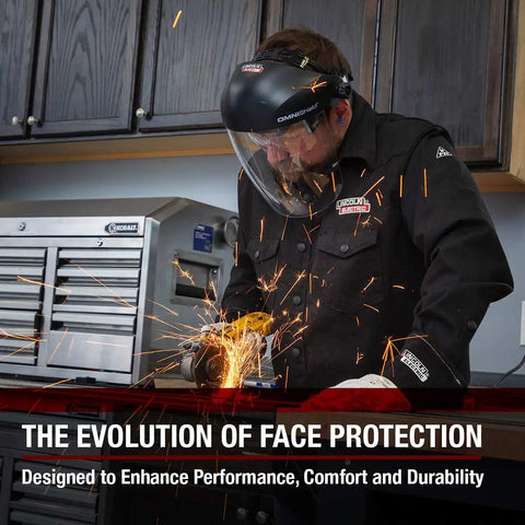 OMNIShield Professional Face Shield With Premium Headgear High Density Clear Polycarbonate Lens in use during grinding work