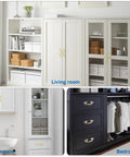 French Provincial Vintage Drawer Pulls 5 Inch Cabinet Handles on white and black furniture in living room, bathroom, and bedroom.