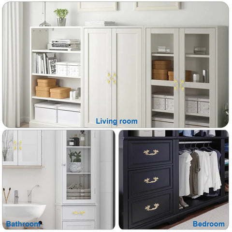 French Provincial Vintage Drawer Pulls 5 Inch Cabinet Handles on white and black furniture in living room, bathroom, and bedroom.