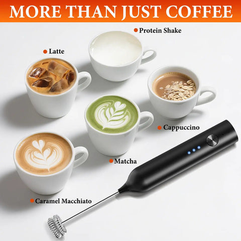 Rechargeable Handheld Milk Frother With 3 Speeds And 3 Stainless Whisks For Coffee, Matcha, Lattes, Cappuccino And More Easy No Fuss Barista Grade Foam Maker For Creamy Froth At Home Black next to various coffee drinks