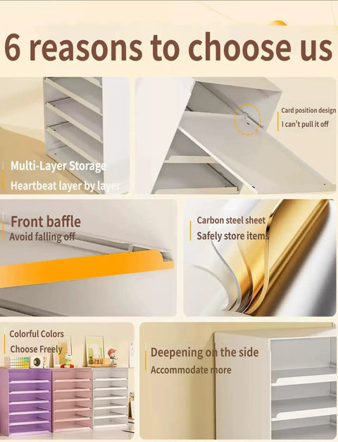 6 reasons feature of desktop file organizer with drawers, multi-layer storage, colorful colors, sturdy design for office