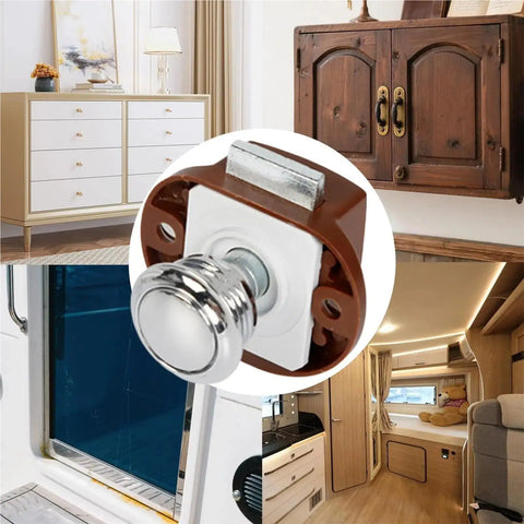 4 Pack RV Push Locks Security Latches For Cabinet Doors And Drawers With Thumb Rotation Twist Control, shown in various settings.