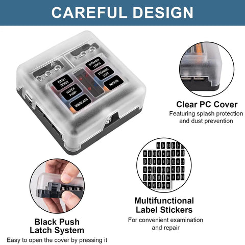 Six Way Fuse Block With LED Indicator 12V Marine Fuse Box For RV Boat Motorcycle And Your Ride 6 Circuit Blade Fuse Block With Waterproof Cover Includes 12 Fuses And Tip Stickers, clear PC cover