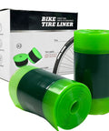 2 Pack Fat Tire Liners For Fat Bikes And E Bike Tires 110mm Wide TPU Puncture Proof Inserts in green and black with packaging