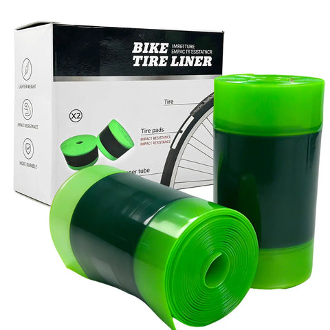 2 Pack Fat Tire Liners For Fat Bikes And E Bike Tires 110mm Wide TPU Puncture Proof Inserts in green and black with packaging
