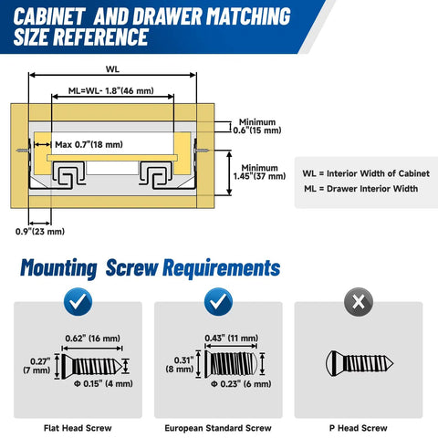 Diagram showing dimensions for Undermount Soft Close Drawer Slides For 21 Inch Drawers Ball Bearing Full Extension Rails Heavy Duty Side Mount.