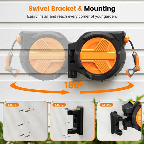 Retractable Garden Hose Reel With Auto Rewind For Outdoor Use, Wall Mounted Heavy Duty Hose Organizer, 180 Degree Rotation