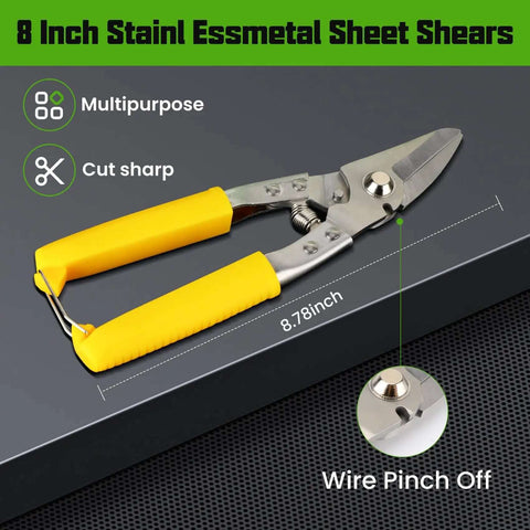 8 inch stainless steel sheet shears with yellow handles, shown on a dark surface, feature multipurpose and sharp cutting abilities.
