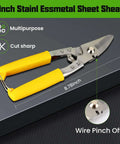 Yellow-handled 8-inch stainless steel sheet shears with multipurpose wire pinch feature on dark background with text description.
