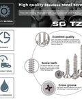 100 Pack Top Shelf Wood Screws Number Twelve Gauge By Five Eighths Inch Flat Head Phillips Self Tapping Drywall Fasteners 18 8 304 Stainless Steel Rust Resistant Hardcore Construction Tools in display with features.