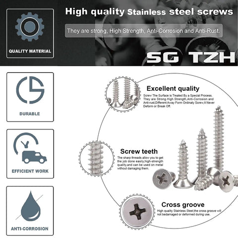 100 Pack Top Shelf Wood Screws Number Twelve Gauge By Five Eighths Inch Flat Head Phillips Self Tapping Drywall Fasteners 18 8 304 Stainless Steel Rust Resistant Hardcore Construction Tools in display with features.