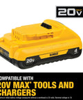 20V Max 4Ah Compact Battery For Power Tools Lightweight Yet Powerful Long Runtime DCB240 showcased with compatibility text