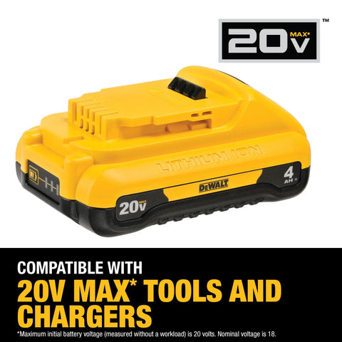 20V Max 4Ah Compact Battery For Power Tools Lightweight Yet Powerful Long Runtime DCB240 showcased with compatibility text