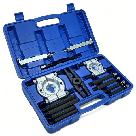 Thinking Process: 14-piece anti-slip bearing puller kit in blue case, metal auto repair tool set for gearbox and wheel extraction