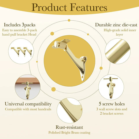 Straight Up Heavy Duty Bright Brass Handrail Brackets For Indoor Staircase Built Different Zinc Alloy Wall Mount Support Rustproof Corrosion Resistant Hardware 3 Pack features durable zinc die-cast construction.