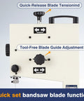 Beast Of A Portable Nine Inch Woodworking Bandsaw With Cast Aluminum Worktable And Scale, adjustable blade tension controls