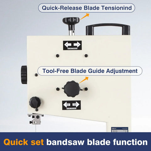 Beast Of A Portable Nine Inch Woodworking Bandsaw With Cast Aluminum Worktable And Scale, adjustable blade tension controls