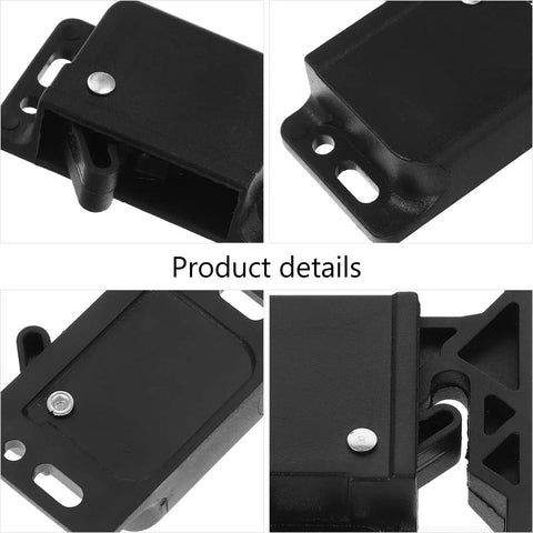 Close-up of push open cabinet catch with side mounted design for RV cabinets and home use, black ABS material