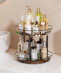 10 Inch Lazy Susan Turntable Organizer 2 Tier Round Rotating Spice Rack for Kitchen Cabinet or Countertop, wood base, black metal frame.