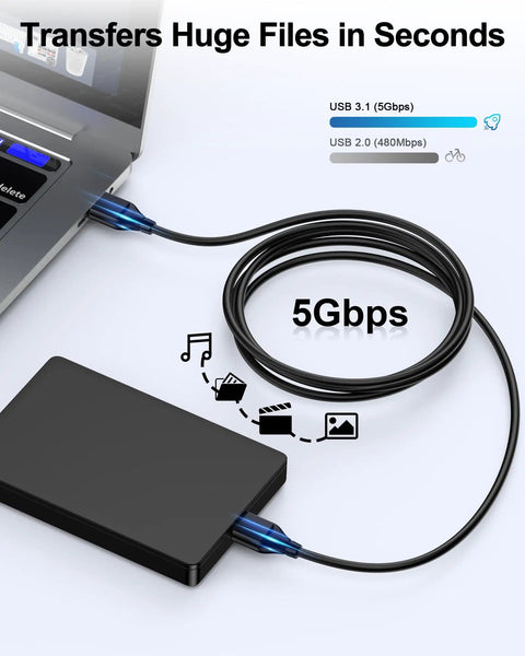 Long 10 Foot USB A To USB A Cable For External Hard Drives And PC Gear With Gold Plated Connectors, Plug And Play USB 2.0 Wide Compatibility With WD Drives And Other USB A Devices, High Speed Data Transfer For Quick Backups, black cable with external drive