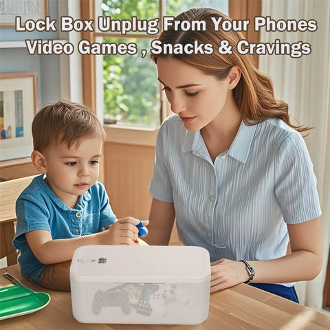 Mother and child using Lockable Storage Box With Dial Lock for Medicine, Phone and Small Essentials on a table in a bright room.