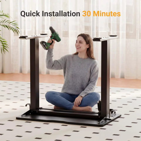 Woman assembling 32 Inch Electric Standing Desk For Small Spaces With Adjustable Height Sit Stand Memory Presets And Cable Management