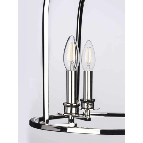 Close-up of candelabra bulbs on Three Light Polished Chrome Coastal Pendant Light With Clear Glass Shades For Entryways And Kitchen Islands