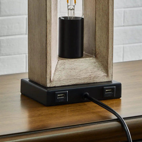 Close-up of Rustic Farmhouse 3-Way Dimmable USB Table Lamps Set Of 2 with Touch Control Nightlights, USB ports visible.