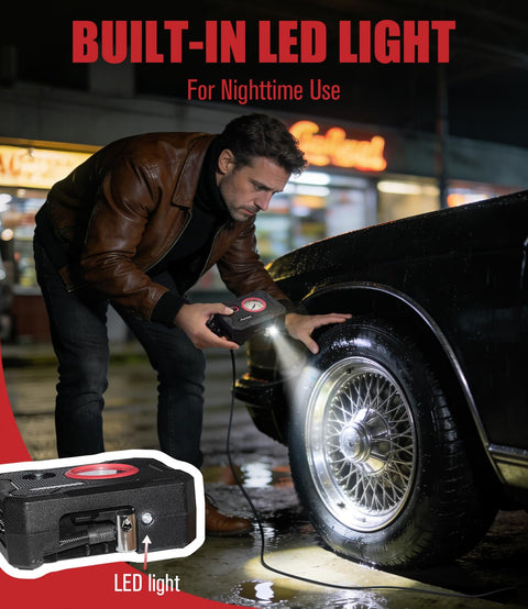 Man using Ultra Portable 12V Tire Inflator Air Compressor with Digital Gauge and LED Light for Cars at night.