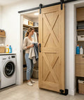Heavy Duty Sliding Barn Door Guide With Adjustable Bottom Floor Track Hardware keeping doors smooth, installed in modern laundry room.