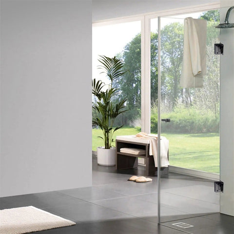 Rock Solid Glass Shower Hinges 2 Pack 90 Degree Built Like a Tank 304 Stainless Steel Brushed Finish for Frameless Glass Doors bathroom setup.