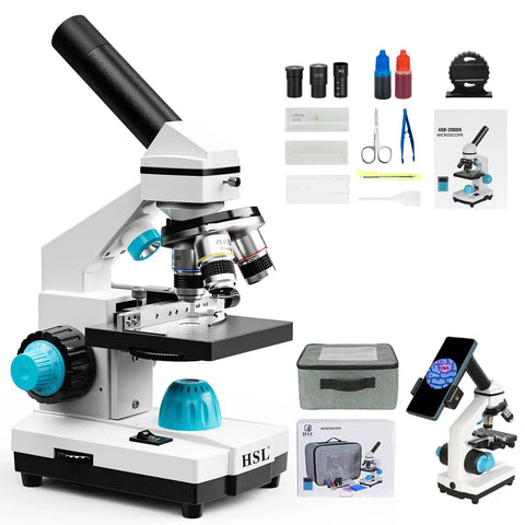 Monocular Compound Microscope Kit with dual LED, accessories, and storage for students and adults, 40X to 2000X magnification