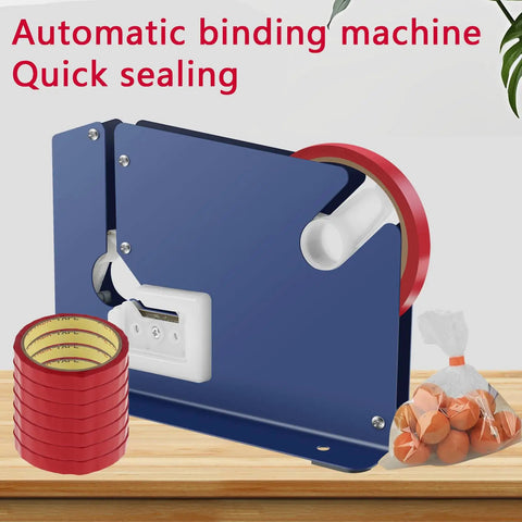 Heavy Duty Metal Bag Sealer With Razor Sharp Blade And Seven Premium Adhesive Rolls Rock Solid Poly Tape Dispenser angled view with rolls of tape.