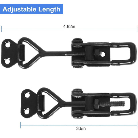 Built Like A Tank Heavy Duty Toggle Latch Clips That Lock Tight, 551 Pound Holding Capacity, Adjustable Black Galvanized Steel Lever Fasteners For Barn Gates, Grills, And Storage Sheds, 6 Pack shown in adjustable lengths of 4.92in and 3.9in.