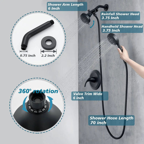 2 In 1 Matte Black Shower System With Handheld And Dual Rain Showerheads, 360 Degree Rotating Joint, Valve Included