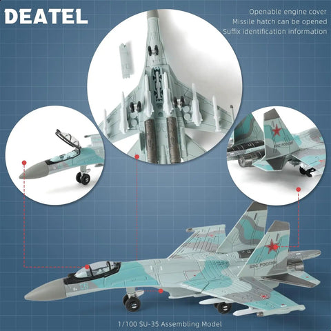One Hundredth Scale SU-35S Fighter Jet Quick Build Model Kit With Stand showing cockpit, landing gear, and underside view