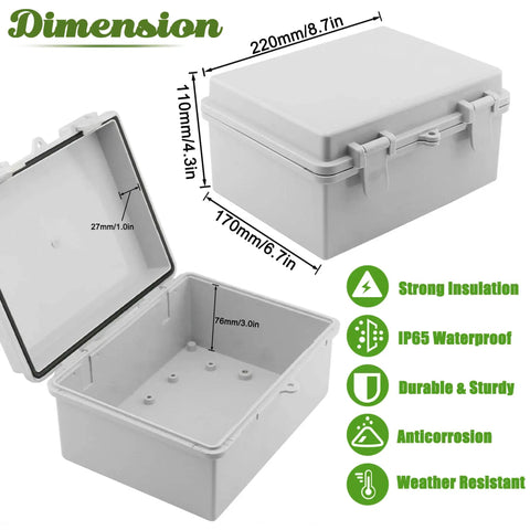 Tough As Nails Heavy Duty ABS Plastic Junction Box IP65 Waterproof Dustproof Outdoor Electrical Enclosure 6.7x8.7x4.3 Inches For Harsh Weather Projects And DIY Wiring Kits, 220x170x110mm