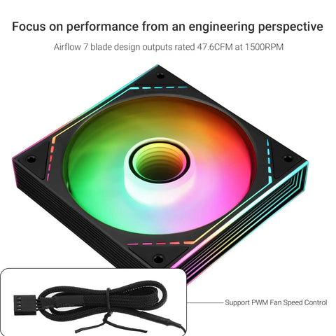 120mm ARGB CPU Cooler Case Fan With Side Mirror Light, PWM 4-Pin Connector, Silent S-FDB Bearing displayed with colorful lighting