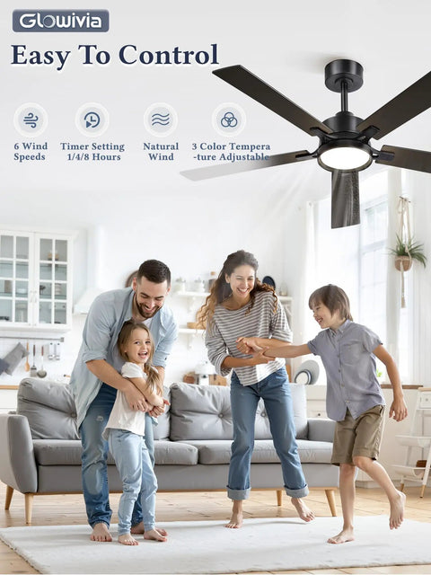 Family enjoying living room with 52 Inch Ceiling Fan With Lights And Remote Smart App Control Dimmable With All Setting Memory