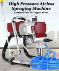 Level Up Your Home Reno With This Heavy Duty Airless Paint Spray Gun Kit Featuring Adjustable Pressure For Walls Fences Sheds And Ceilings Quick Setup Drip Free Coverage For Smoother Pro Results. Close-up of high pressure airless sprayer with all copper motor and blue hose.