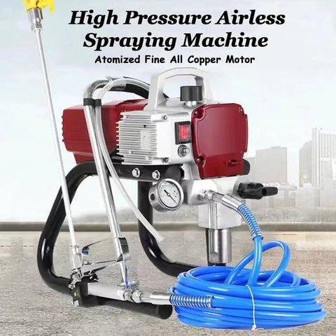 Level Up Your Home Reno With This Heavy Duty Airless Paint Spray Gun Kit Featuring Adjustable Pressure For Walls Fences Sheds And Ceilings Quick Setup Drip Free Coverage For Smoother Pro Results. Close-up of high pressure airless sprayer with all copper motor and blue hose.