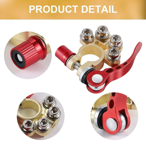 Detailed view of 4 Way Car Battery Terminal Connector with Quick Release Clip for Positive and Negative Poles, Fits SAE JIS Type A Posts.