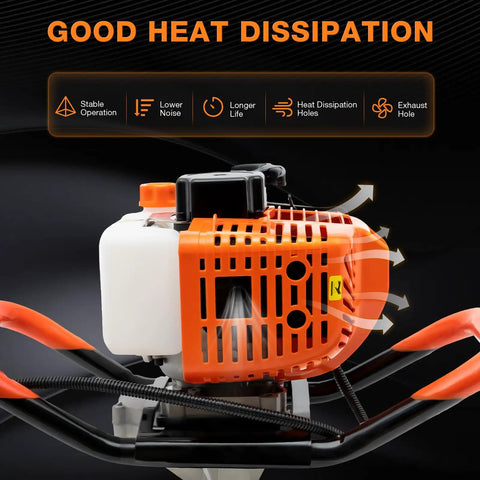 Gas Powered Earth Auger With 52cc Two Stroke Engine, 1700W featuring exhaust holes for reduced noise and heat dissipation.