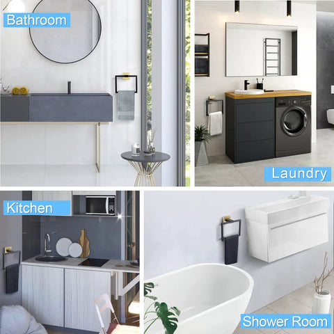 Dope Black And Gold Stainless Steel Towel Ring Wall Mount Square Hand Towel Holder for Bathroom in various room settings.