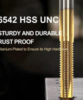 Close-up of a titanium-coated HSS 6542 spiral point thread tap from the 6-Piece Titanium Coated HSS 6542 Spiral Point Thread Tap Set For 1/4-20 UNC Threads, Tapping Tool For Metal Wood And Plastic, Long-Lasting TiN Coated Bit For Clean, Precise, Pro-Grade Results.