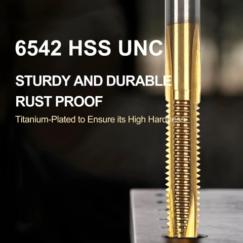 Close-up of a titanium-coated HSS 6542 spiral point thread tap from the 6-Piece Titanium Coated HSS 6542 Spiral Point Thread Tap Set For 1/4-20 UNC Threads, Tapping Tool For Metal Wood And Plastic, Long-Lasting TiN Coated Bit For Clean, Precise, Pro-Grade Results.